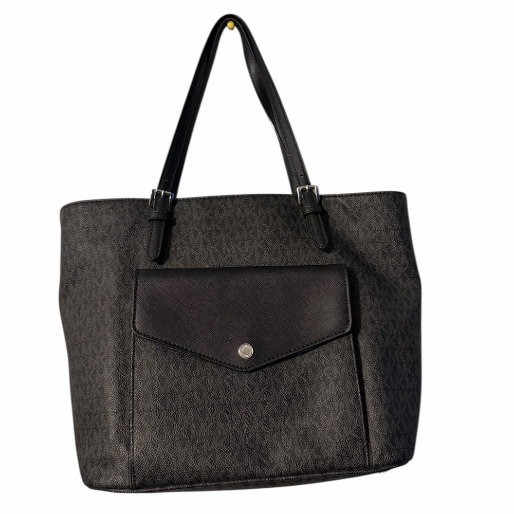 Authentic Michael Kors Black Monogram Tote with Front Envelope Pocket